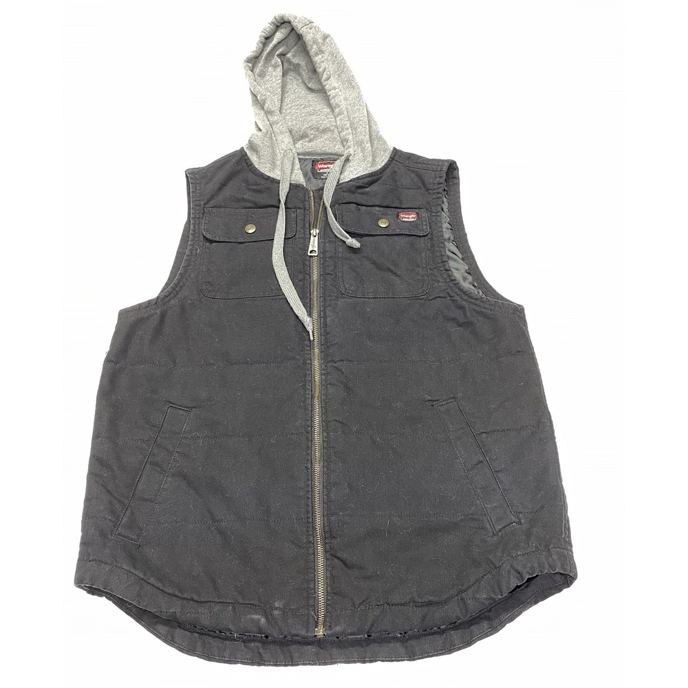 Wrangler Workwear Vest Mens MED Black Hooded Canvas Zip Pockets